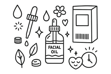 Fototapeta premium Facial Oil Doodle. Hand-drawn doodle illustration Face serum bottle with packaging dropper bottle, glass bottle, packaging box,