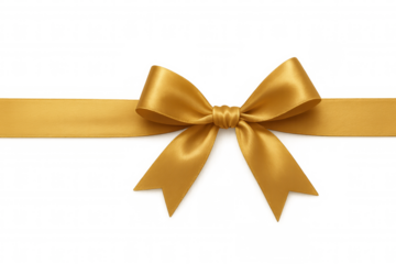 Golden satin bow with ribbon creating a decorative element for gift wrapping, celebrations, and festive occasions, transparent background