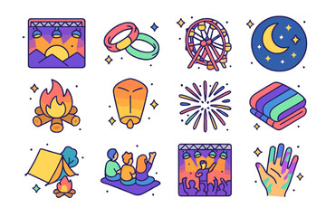 Festival Night Isometric Icons. Colorful isometric vector icons set of sunset and night vibes at the festival: sunset stage lights, glowing wristbands,