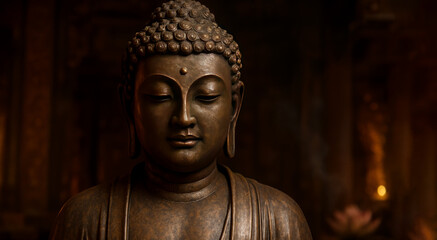 Fototapeta premium Calm and Peaceful Meditating Buddha Statue with Serene Expression in Focus Against a Blurred Temple Background, Meditating Buddha Statue in Front of Blurred Temple Background.