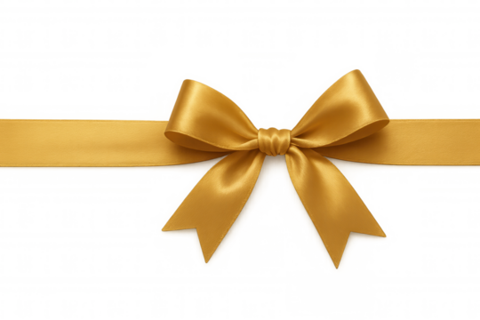 Golden satin bow with ribbon creating a decorative element for gift wrapping, celebrations, and festive occasions, transparent background