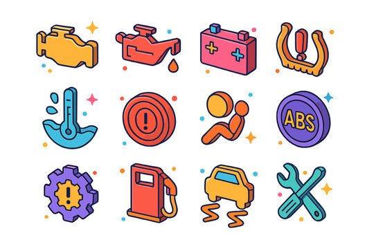 Maintenance Alert Icon Set. Colorful isometric vector icons set of maintenance alert lights: check engine light, oil pressure warning, battery alert, tire