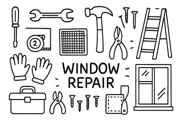 Window Repair Tools. Hand-drawn doodle illustration Window repair tools [screwdriver, wrench, hammer, pliers, nails, screen mesh, tape measure, ladder, gloves,