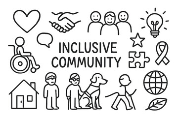 Inclusive Community Symbols. Inclusive community. Hand-drawn doodle illustration inclusive community people, heart, handshake,