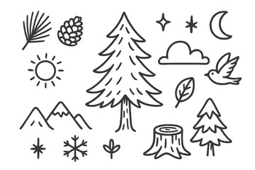 Pine Tree Doodle Art. Hand-drawn doodle illustration Pine Tree [pine tree, pine needles, pine cone, branch, forest outline, mountain, sun, cloud, bird, star,