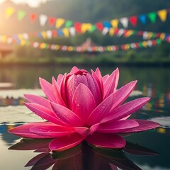 A vibrant pink lotus flower rests serenely on a tranquil pond, its petals glistening with morning dew, showcasing a peaceful and serene natural scene.