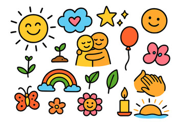 Joyful Childlike Doodles. Colorful Hand-drawn doodle Children illustration Positive thinking smiling sun, cloud with heart, shining star, happy face, balloon,