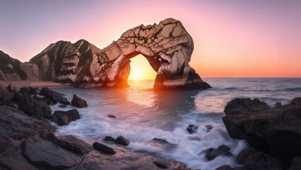 Dramatic coastal archway frames golden sunset over serene ocean waves crashing against rugged rocks at dusk