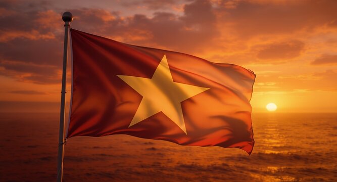 Flag waving at sunset, red flag with yellow star, patriotic symbol, national pride, sunset background, ocean view, golden hour, beautiful sky, dramatic clouds, textured fabric, waving fabric, fla