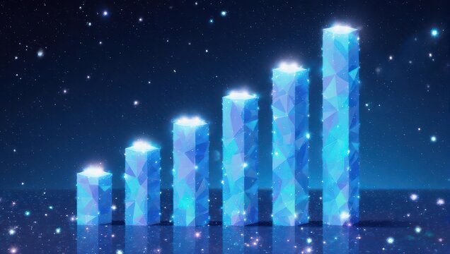 Stunning abstract crystal bar chart soaring upwards against a starry night sky, symbolizing growth and success