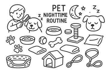 Pet Nighttime Routine Icons. Hand-drawn doodle illustration pet nighttime routine brushing pet, water bowl, food dish, toy ball, chew bone, scratching post,