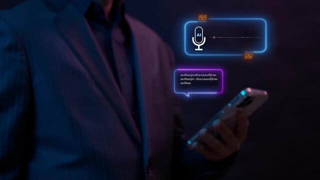 Businessman using AI voice assistant on smartphone with speech-to-text conversion and chatbot interface. Concept for big data, innovation technology, digital assistant and virtual communication.