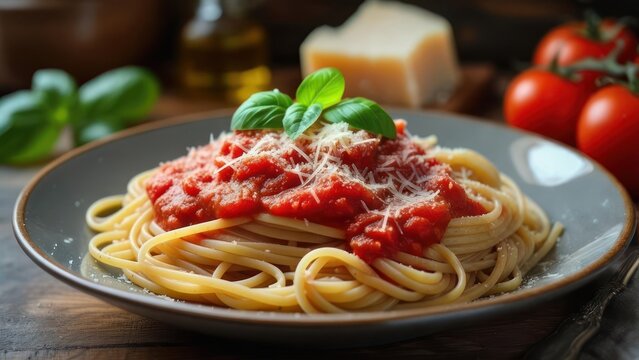 Irresistible spaghetti marinara topped with fresh basil and grated parmesan cheese, a culinary masterpiece ready to tempt your senses.