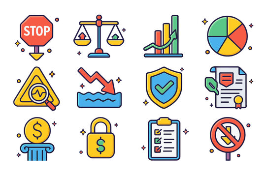 Risk Strategy Icons. Colorful isometric vector icons set of risk management strategies: stop-loss order, risk-reward ratio scale, position sizing graph,