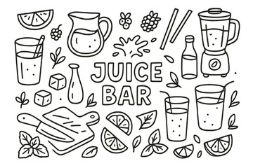 Juice Bar Doodle. Hand-drawn doodle illustration Juice bar, glasses of juice, straws, blender, pitcher, fruit slices, berries, leaves, ice cubes, citrus
