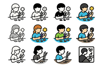 Colorful Tissue Flower Logos. Set Logo of Kids Making Tissue Paper Flowers: Scissors and paper scraps on table. Logo set in vector style, emblematic