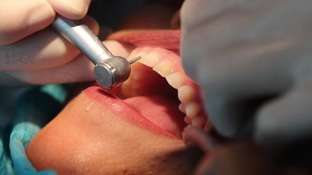 Macro view of a dentist using a rotary drill to prepare tooth surface for veneer placement. Concept of cosmetic dentistry, tooth preparation, and precision dental work.