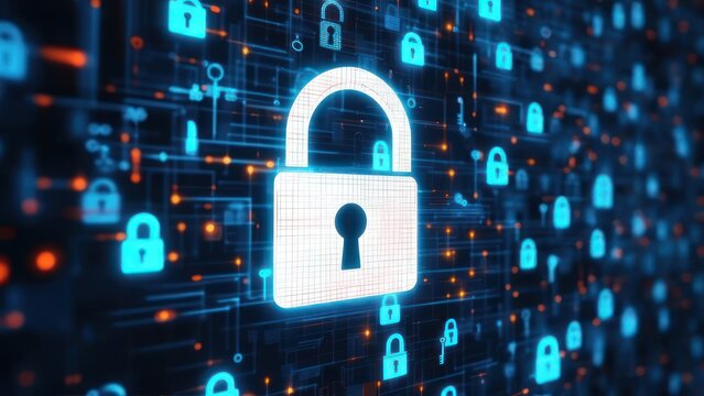 Secure your digital world with this dynamic, glowing padlock and abstract data network visualization, symbolizing cybersecurity and protection.