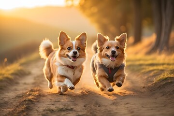 Happy Corgis Running Outdoors at Sunset.