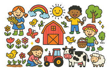 Children's Farm Adventure. Colorful Hand-drawn doodle Children illustration Children Helping Farms children smiling, barn, tractor, sun, rainbow, clouds,