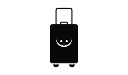 Black silhouette of a rolling suitcase with a smiley face on a white background