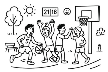 Outdoor Basketball Fun. Hand-drawn doodle illustration A group of friends playing a game of basketball outdoors, having fun basketball, hoop, backboard,