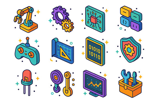 STEM Learning Icons. Colorful isometric vector icons set of STEM learning activities: robot arm kit, gear model, circuit board, coding blocks, drone