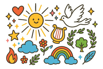 Naklejka premium Divine Doodle Art. Divine light. Colorful Hand-drawn doodle Children illustration shining sun, rays, sparkle, heart, star, cloud, dove, harp, laurel wreath,