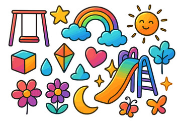 Vibrant Playground Doodles. Colorful Hand-drawn doodle Children illustration Glassy Gradient Playground [swing, slide, rainbow, star, cube, prism, circle,