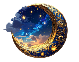 Eid crescent moon with stars 3D render transparent background PNG