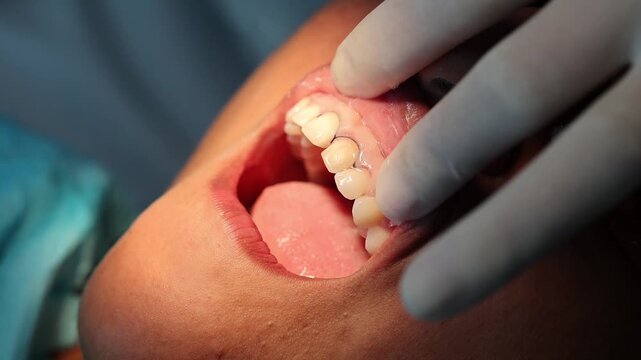 Close-up of dentist inserting gingival retraction cord under the gum before digital impression scanning. Concept of precision dentistry and prosthetic preparation.
