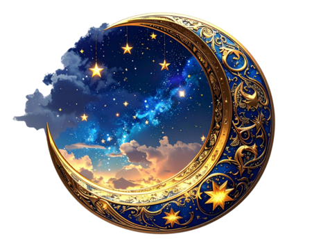 Eid crescent moon with stars 3D render transparent background PNG - Powered by Adobe