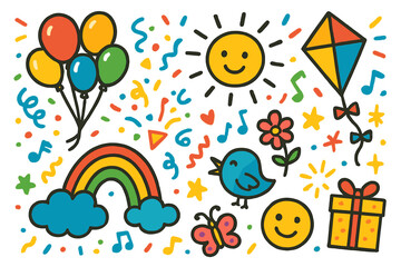 Joyful Balloon Festival. Colorful Hand-drawn doodle Children illustration Balloon Festival [balloon bunch, kite, confetti, sun, cloud, rainbow, music note,