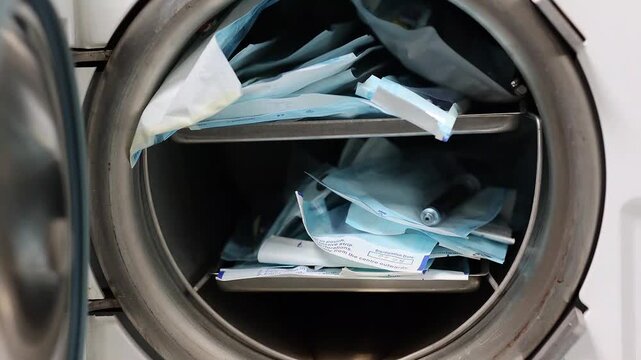 Close-up of sterilization process with medical instruments sealed in blue pouches inside an autoclave. Hygiene, safety, and infection control in dentistry and medicine.