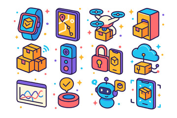 Smart Delivery Icons Set. Colorful isometric vector icons set of smart delivery technology: delivery status on smartwatch, AI routing screen, drone with
