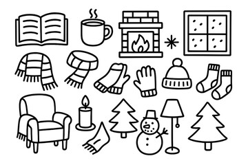 Winter Reading Nook. Hand-drawn doodle illustration Winter reading nook open book, hot chocolate, fireplace, socks, snowflake, scarf, gloves, chair, blanket,
