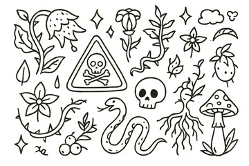 Naklejka premium Toxic Jungle Doodle. Hand-drawn doodle illustration Toxic jungle plants [leaf, vine, thorn, flower, root, berry, mushroom, skull,