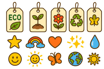 Eco-Friendly Doodle Icons. Colorful Hand-drawn doodle Children illustration Eco-Friendly Product Tags [label, green leaf, sprout, flower, recycling sign, star,
