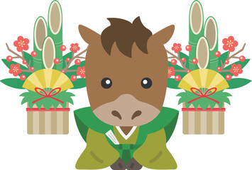 着物を着て、新年の挨拶をする、馬のキャラクターのイラスト｜午年素材