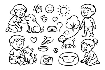 Children and Pets Doodles. Hand-drawn doodle illustration Candid shots of children interacting with pets child, dog, cat, ball, leash, food bowl, paw print,