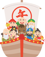 馬と七福神をのせた、宝船のイラスト｜午年素材