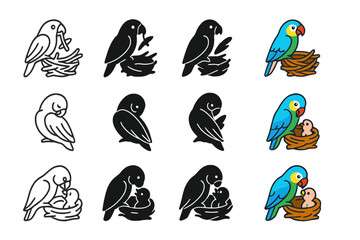 Parrot Behavior Icons. Icon Set of Parrot Behavior: Nest building, Grooming feathers, Feeding chick. Icons set in vector style,