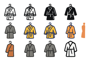 Spa Robe Logos. Set Logo of Spa Robes: Spa robe hanging on wall hook. Logo set in vector style, emblematic variations. line, bold thick line, solid black