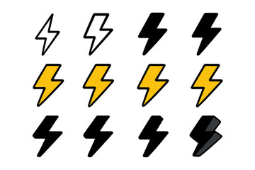 Black Energy Logo Variations. Set Logo of Black Energy: Black lightning bolt. Logo set in vector style, emblematic variations. line, bold thick line, solid