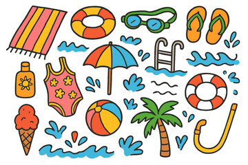 Poolside Summer Doodles. Colorful Hand-drawn doodle Children illustration Poolside towel, pool float, swim goggles, flip-flops, sunscreen, swimsuit, beach