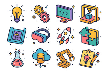 Innovation Icon Set. Innovation. Colorful isometric vector icons set of Innovation: light bulb, gears, coding screen, 3D printer, blueprint, VR headset,