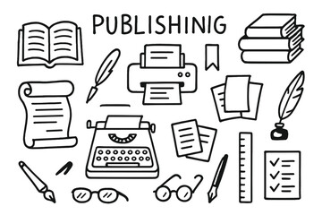 Publishing Elements Doodle. Publishing. Hand-drawn doodle illustration open book, stack of books, printer, typewriter, scroll, ink pen, paper sheets, ruler,