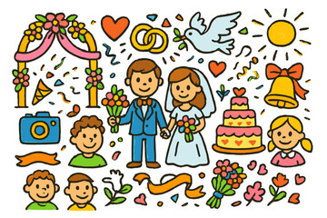 Colorful Wedding Celebration. Colorful Hand-drawn doodle Children illustration Wedding ceremony wedding arch, rings, bouquet, heart, bride, groom, wedding