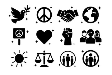 Peace Icons Collection. Peace. Solid icons set of dove, olive branch, peace symbol, handshake, globe, protest sign, heart, raised fist, diverse people, sun,