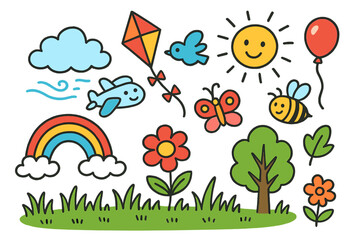 Colorful Doodle Dreamscape. Colorful Hand-drawn doodle Children illustration Flying above the field cloud, bird, kite, butterfly, sun, flower, grass, smiling